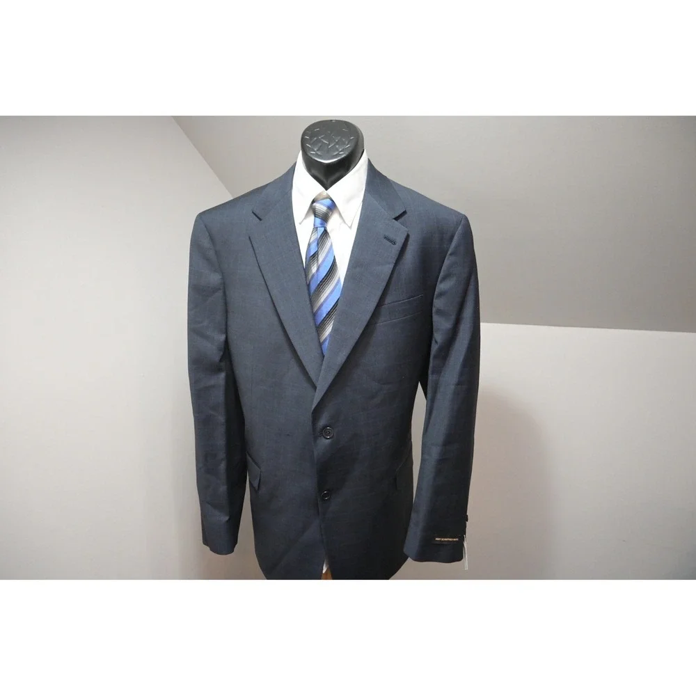 Hart Schaffner Marx Suit Mens 48L 42W Blue Worsted Wool Plaid 2pc Classic New